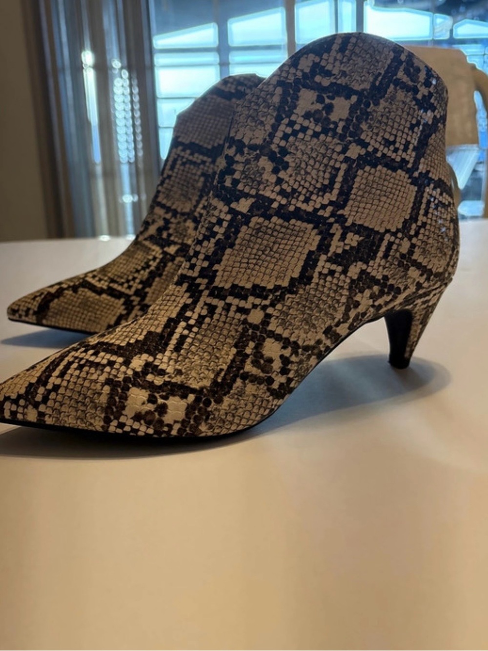 Worthington Snake-Print Pointed Kitten Heel Booties in Beige and Black